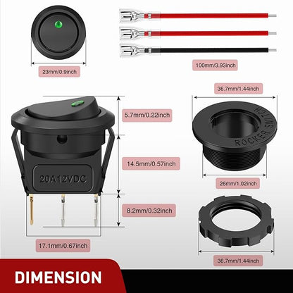 Nilight 1PC Round Rocker Switch with Shell 12V 24V 20A Green LED Toggle swtich with 16AWG Wires SPST 3Pin 2 Position for Car Truck Vehicle Boat Marine Rocker On Off Control