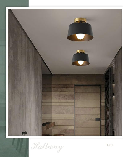 Modern Semi Flush Mount Ceiling Light with Gold Plate and Matte Black Shade, Farmhouse Ceiling Light Fixture for Kitchen Island Dining Room Foyer Hallway Porch Barn Loft，10in (Black 3 Pack)