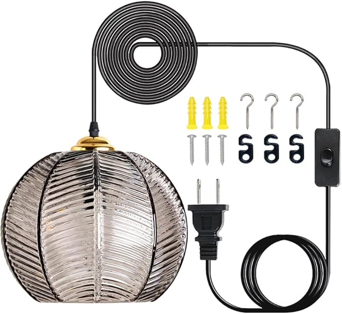 Plug in Glass Pendant Light Mid-Century Modern Striped Grey Glass Hanging Ceiling Lighting Fixture with 14.7FT Cord, Globe Decor Chandelier For Living Room, Bedroom, Dining Hall, Kitchen (Smoke Grey)