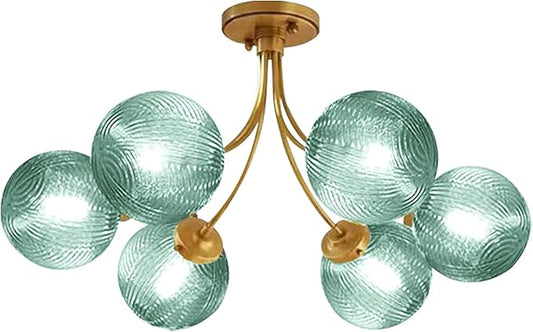 Mid Century Modern Chandeliers 6-Light Glass Gold Chandeliers Hanging Sputnik Chandelier with Green Globe Shade Vintage Ceiling Light Fixtures for Dining Room Living Room Bedroom