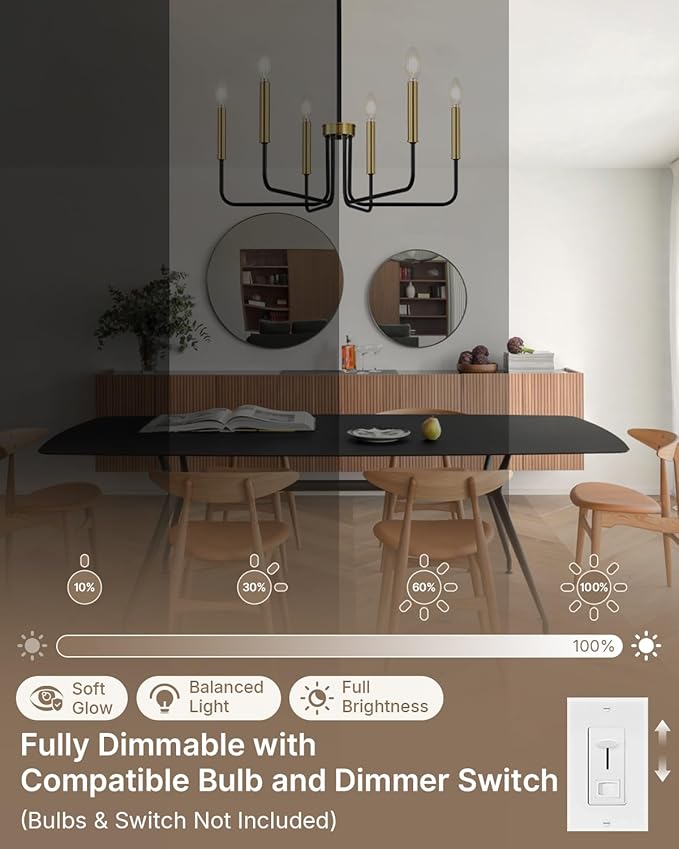 Yunnix Black and Gold Chandelier 6-Light Modern Pendant Hanging Light Fixture for Dining Room, Bedroom Pendant Ceiling, Foyer Entryway, Kitchen Island
