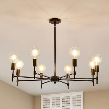 ASGYISA 8-Light Black Sputnik Chandelier Matte Industrial Flush Mount Ceiling Light Fixture Metal Modern Pendant Light for Farmhouse, Bedroom, Kitchen, Dining, Living Room, Island
