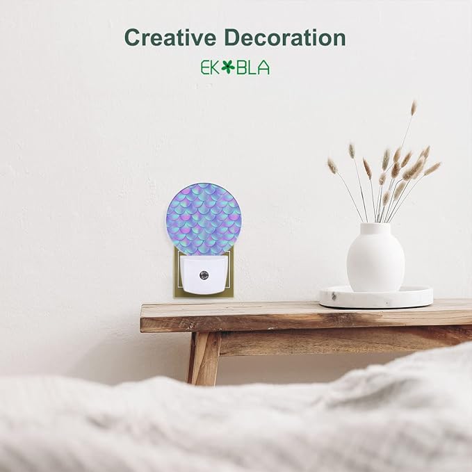 EKOBLA Mermaid Scales Plug-in Night Light, Teal & Purple Ocean LED Nightlight with Auto Sensor for Home
