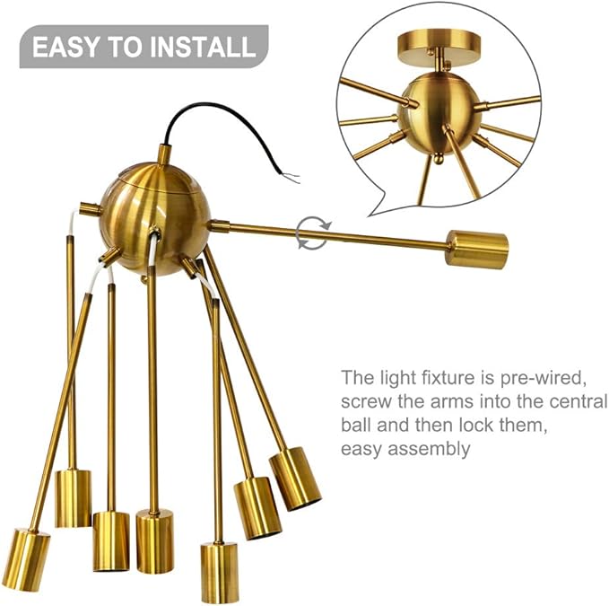 LynPon Gold Ceiling Light Fixture, 8 Lights Plating Golden Sputnik Semi Flush Mount Ceiling Lights, Brass Chandelier Kitchen Mid Century Lighting Fixture for Living Dining Room Bedroom Hallway