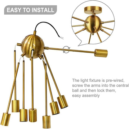 LynPon Gold Ceiling Light Fixture, 8 Lights Plating Golden Sputnik Semi Flush Mount Ceiling Lights, Brass Chandelier Kitchen Mid Century Lighting Fixture for Living Dining Room Bedroom Hallway