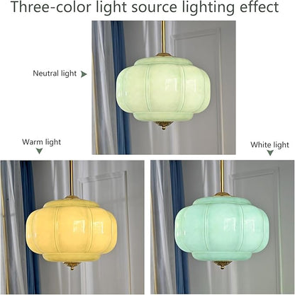 Milk Glass Pendant Light, 15 Inch Green Handblown Shade with Antique Brass Hardware, Adjustable Hanging Rod Vintage Chandelier, Dimmable E26 Base Fixture for Kitchen Island, Dining Room, Livingroom
