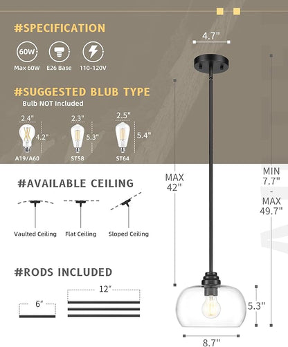 AUTELO 2 Pack Matte Black Pendant Lights, Kitchen Pendant Lights Over Island with Clear Drum Glass, Island Pendant Lights for Kitchen Dining Room Bar, H9385 BK-R-2PK