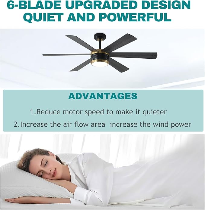 SHOWDI Ceiling Fan with Lights and Remote, 6 Blade App Control Timer Reversible Stepless Brightness and Color Temperature Outdoor Wood Ceiling Fan with Lights (Black-Gold, 56 Inch)