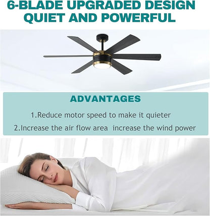 SHOWDI Ceiling Fan with Lights and Remote, 6 Blade App Control Timer Reversible Stepless Brightness and Color Temperature Outdoor Wood Ceiling Fan with Lights (Black-Gold, 56 Inch)