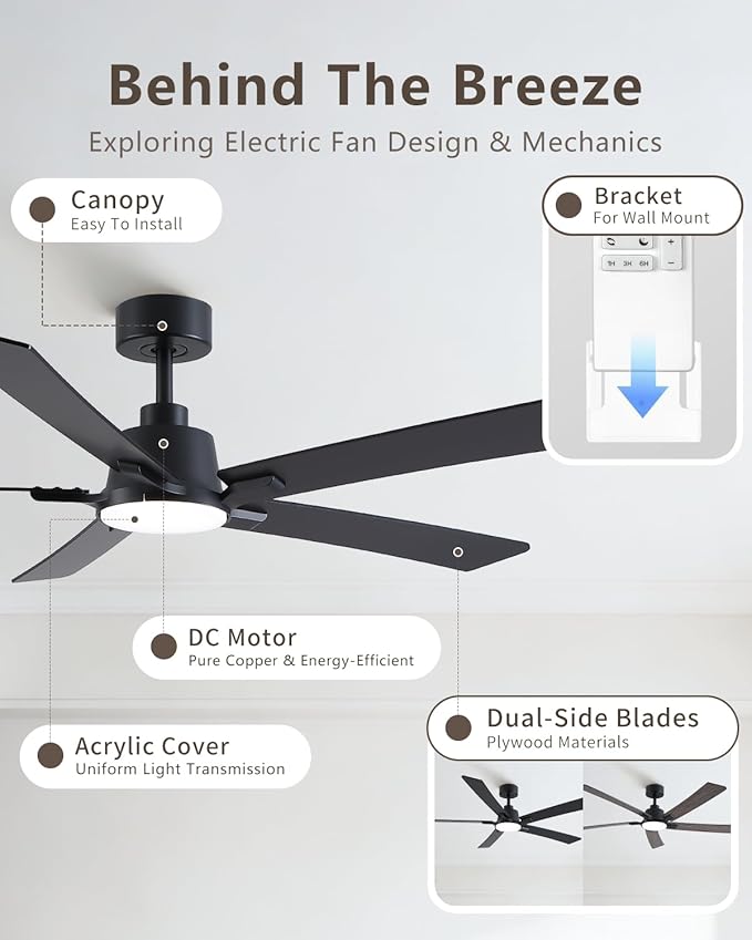 60 Inch Ceiling Fans with Lights and Remote, Black Ceiling Fan, Downrod Style with 5 Blades, Modern Design For Indoor Bedroom Living Room/Outdoor, 6 Speed Reversible DC Motor, 3CCT Dimmable LED