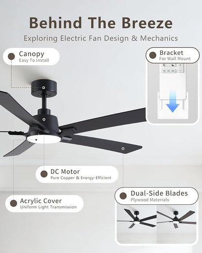 60 Inch Ceiling Fans with Lights and Remote, Black Ceiling Fan, Downrod Style with 5 Blades, Modern Design For Indoor Bedroom Living Room/Outdoor, 6 Speed Reversible DC Motor, 3CCT Dimmable LED