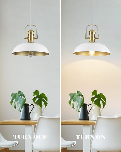 White and Gold Pendant Lights 2 Pack, 13.8 Inch White Farmhouse Pendant Light Kitchen Island, Industrial Pendant Lights, Island Pendant Lights for Kitchen Barn Hallway Porch Dining Room