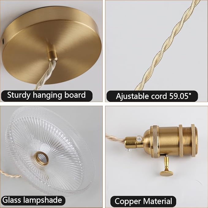 Vintage Mini Pendant Light Fixtures, 9 Inch Glass Kitchen Island Light Fixtures Brass Light Cord Pendant Lights Hanging Light for Living Room Bedroom Hallway Dining Room E26