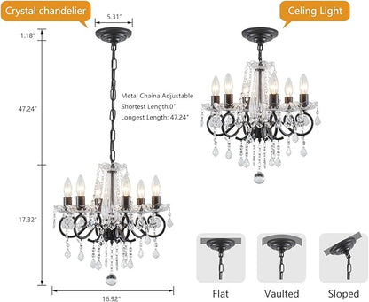 Black Crystal Chandelier, 6-Light European Candle Style Pendant Light, Luxury Decorative Ceiling Light for Living Room Dining Room Bedroom