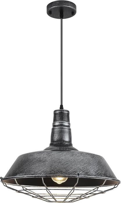 Large Pendant Lights Kitchen Island 1 Pack, 18.1 Inch Oversized Industrial Pendant Light, Black and Silver Barn Pendant Light with Wire Cage, Farmhouse Pendant Lights for Kitchen Barn