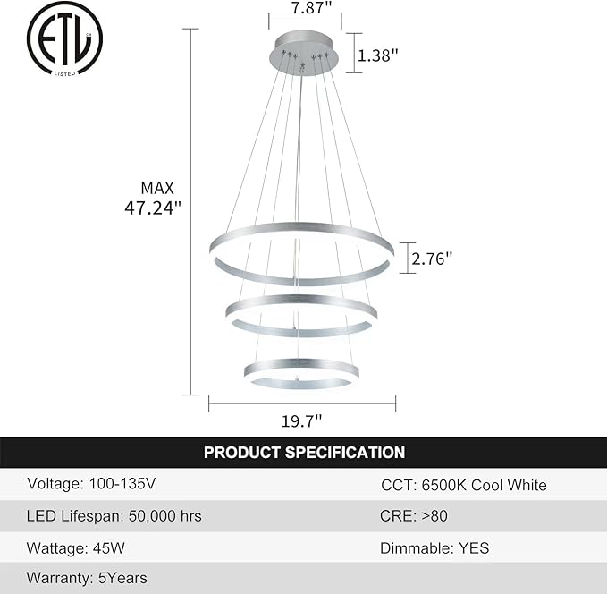 Buccleuch Dimmable 3-Ring LED Chandelier, Height Adjustable Modern Silver Pendant Light, ETL-Certified Flush Mount Acrylic Ceiling Light for Dining Room Living Room Bedroom Foyer, 6000K