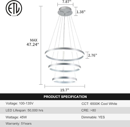 Buccleuch Dimmable 3-Ring LED Chandelier, Height Adjustable Modern Silver Pendant Light, ETL-Certified Flush Mount Acrylic Ceiling Light for Dining Room Living Room Bedroom Foyer, 6000K