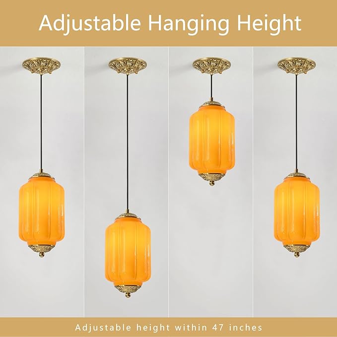 Milk Glass Pendant Light, 5.5 Inch Yellow Adjustable Cord Hanging Lamp, Dimmable E26 Base Vintage Pendant Light Fixture for Bedroom Bathroom Entryway
