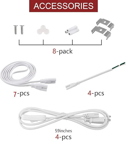 8 Pack LED Shop Light Fixture 2FT 6500K 10W 1100LM, T5 Super Bright White LED Tube Strip for Garage, Workshop, Ceiling, Under Cabinet Light, Frosted Cover, Linkable, with ON/Off Switch