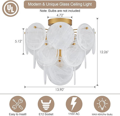 Modern Flush Mount Glass Ceiling Light, Gold Hallway Lights Vintage Chandelier, 4-Light Unique Light Fixture for Bedroom Entryway Loft Kitchen Laundry Bathroom Farmhouse
