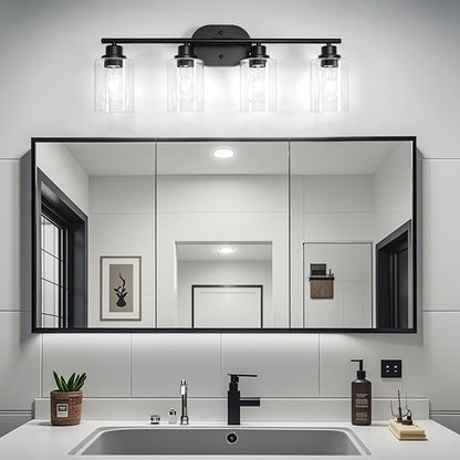 Ascher 4-Light Bathroom Light Fixtures, Modern Vanity Lights with Clear Glass Shade, Matte Black Wall Lamp for Bathroom Mirror Hallway Cabinet Porch