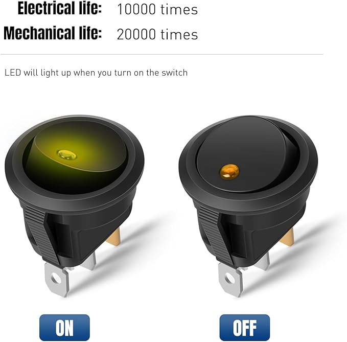 Nilight 12PCS Round Rocker Switches 12V 24V 20A Yellow LED Toggle swtiches SPST 3 Pin 2 Position for Car Truck Vehicle Boat Marine Rocker On Off Control