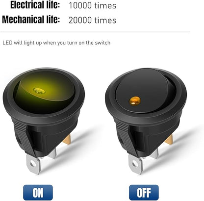 Nilight 12PCS Round Rocker Switches 12V 24V 20A Yellow LED Toggle swtiches SPST 3 Pin 2 Position for Car Truck Vehicle Boat Marine Rocker On Off Control
