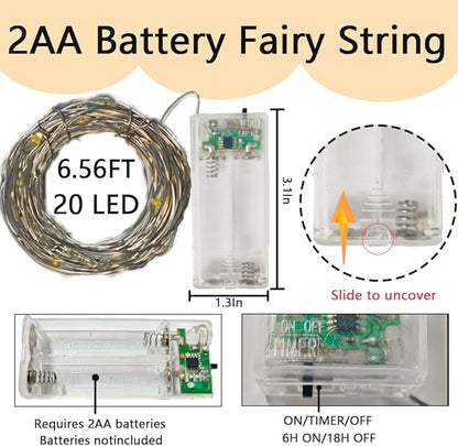 6 Pack Fairy String Lights with Timer, 2AA Battery Operated, IP65 Waterproof, 20 Warm White LED Copper Wire for Indoor Outdoor Decor