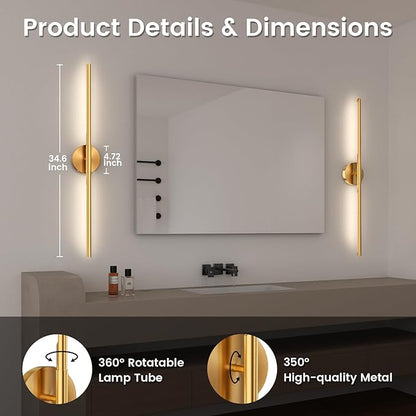 JOFIOS Battery Operated Wall Sconces Set of 2, 360°Rotation Wireless Rechargeable Wall Lights: Dimmable Detachable Wall Lamp with Remote Control, 3000K-6000K Infinite Dimming Wall Sconce 34.7 Inch