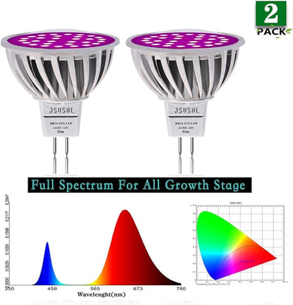 Plant Grow Light Bulb,6W Full Spectrum Grow Lamp,Purple Light,MR16 GU5.3 AC/DC12V 60W Equivalent LED Grow Light Bulb for Idoor Outdoor Plant Growing, DIY Horticulture, Greenhouse,2-Pack