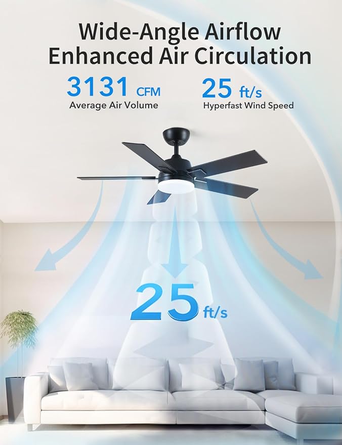 Rayqueen 42 Inch Ceiling Fans with Lights and Remote, 6 Speed Reversible DC Motor, 3CCT Dimmable LED, Black Modern Ceiling Fan for Bedroom, Living room & Covered Outdoor,Includes Downrod