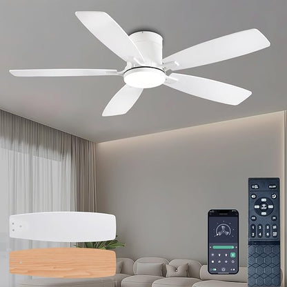 Ayaoty Ceiling Fans with Lights, 52 inch Low Profile Ceiling Fan with Light and Remote Control, Flush Mount, Reversible Motor, Dimmable, Noiseless, White Ceiling Fan for Bedroom, Indoor/Outdoor Use