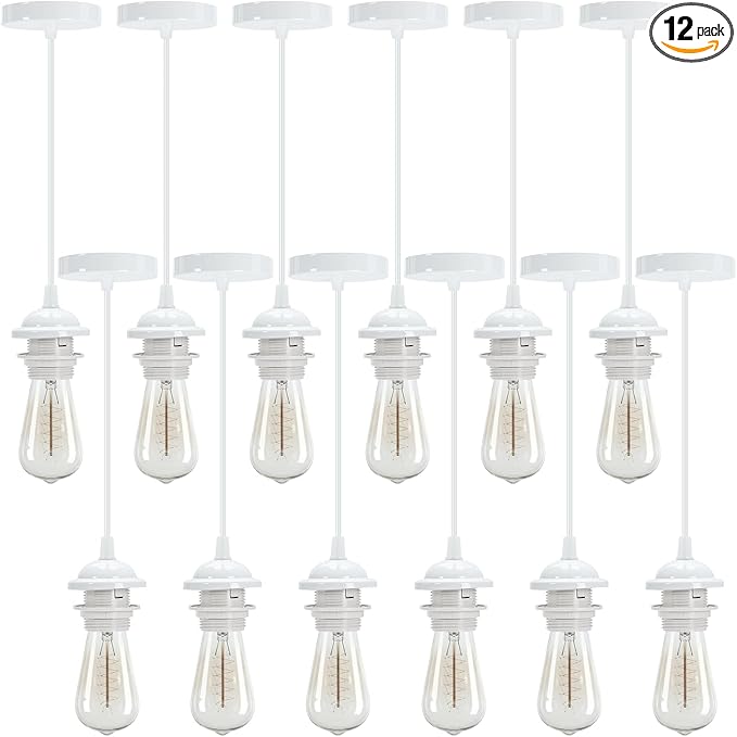 12 Pack Industrial Mini Pendant Light Kit Bulk, UL E26/E27 Lamp Socket 3.28 ft Adjustable Hanging Light Cord Kit Edison Vintage Retro Ceiling Lamp Fixture for Kitchen Bar Decor(White)