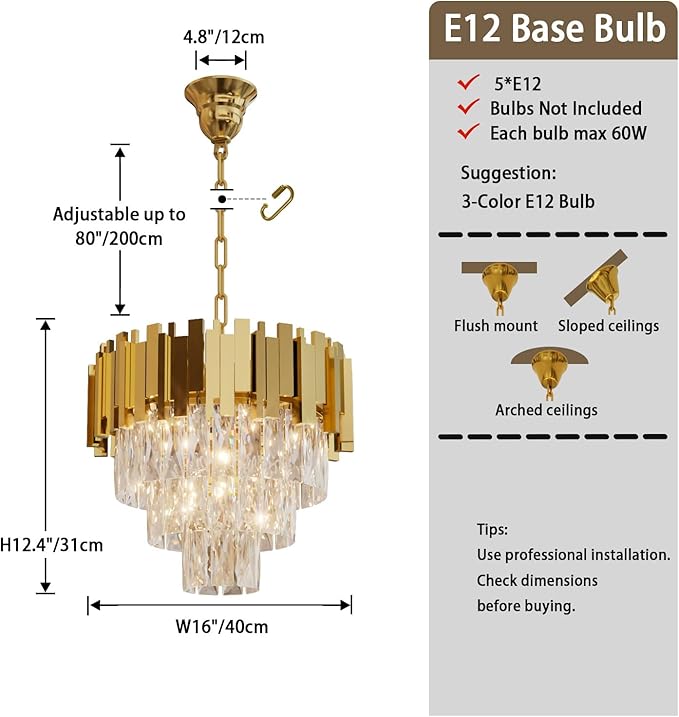 Modern Crystal Chandelier 16" Round K9 Crystal Ceiling Light Adjustable Gold 3-Tier Chandelier with 5 Lights Elegant Fixture for Dining Room Living Room Foyer