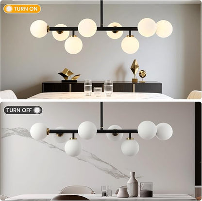 Sputnik Black and Gold Chandelier Pendant Linear Light Modern Mid Century Light Fixture White Globe Shade for Dining Living Room Kitchen Island 8-Light