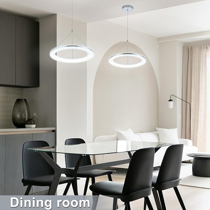 CHYING LED Pendant Lights Kitchen Island, 15.8" 18W Cool White Modern Ring Chandelier, Adjustable Height Silver Hanging Pendant Ceiling Light for Dining Room Bedroom Hallway Entryway, 3000K