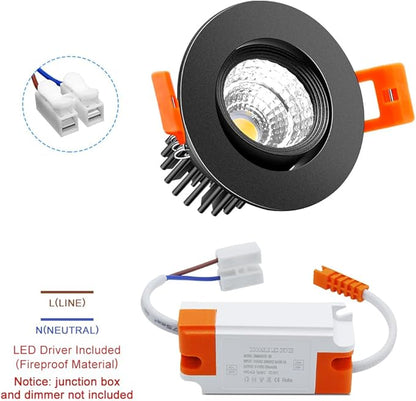 2Inch LED Recessed Ceiling Light, 3W Dimmable LED Downlight, 60 Beam Angle COB Recessed Lights with Driver, Daylight White 5000K-5500K, 25W Halogen Bulbs Equivalent for Ceiling Lighting, Black 1Pack