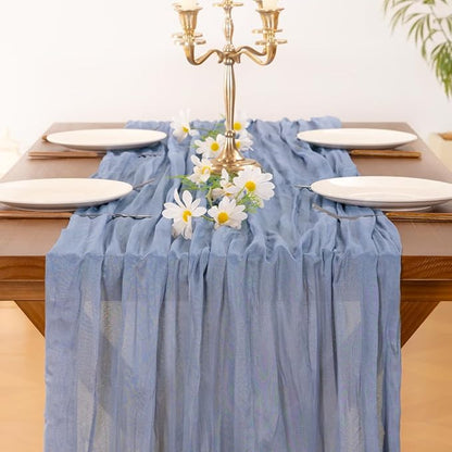Socomi 10pcs Dusty Blue Summer Cheesecloth Table Runner Boho Rustic Gauze 120 inch 10FT Cheese Cloth Sheer Runner for Wedding Party Baby Shower Birthday Home Decor Holiday Decorations