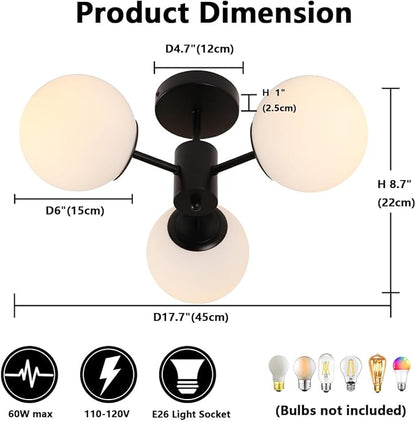 Black Semi Flush Mount Ceiling Light Mid Century Modern Globe Ceiling Light 3 Lights Milk Glass Sputnik Flush Mount Chandelier for Bedroom Dinning Room Foyer Hallway