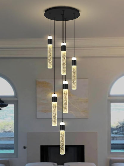 6-Lights Modern Crystal Column Chandelier for Living Room Foyer Long Crytsal Chandeliers Pendant Lighting Flush Mount Hanging Light Fixture for Living Room Foyer Entryway