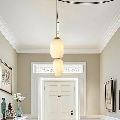 Glass Cylinder Pendant Light Antique Brass Plug in Hanging Light Fixture Vintage Gold Milk Glass Pendant Light Mid Century Modern Plug in Hanging Light