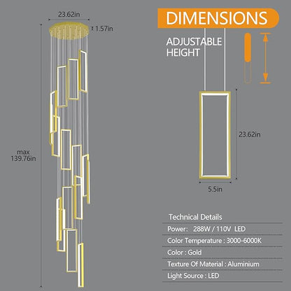 Modern Adjustable Height Pendant Light Fixture Gold 288W LED Pendant Lights 16 Rings Rectangular Chandelier Staircase Large Chandelier Lobby Living Room Foyer High Ceiling Chandeliers