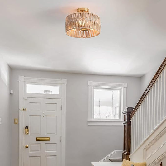3-Light Antique Gold Woven Flush Mount Light Fixture Rustic Coastal Hemp Rope Brass Semi Flush Mount Ceiling Light for Hallway Bedroom Kitchen Entryway Farmhouse Living Room