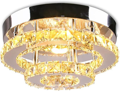 2-Tier Crystal Flush Mount Mini Chandelier Ceiling Light, 30W LED Modern Round Ceiling Fixture for Hallway Entryway Staircase Kitchen, Warm White (2500–3500K)
