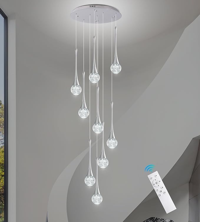 Modern Chrome Crystal Chandelier for High Ceiling 9-Lights, 99 Inches Luxury Spiral Dimmable LED Bubble Raindrop Pendant Lighting Fixture for Staircase Foyer Entryway Living Room