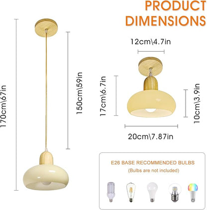 Glass Dome Pendant Light Cream Glass Hanging Ceiling Lamp Kitchen Island Pendant Lighting, Modern Wood Suspended Lights for Dining Table Bedroom Living Room Restaurant 7.87″ Pendant Lamps