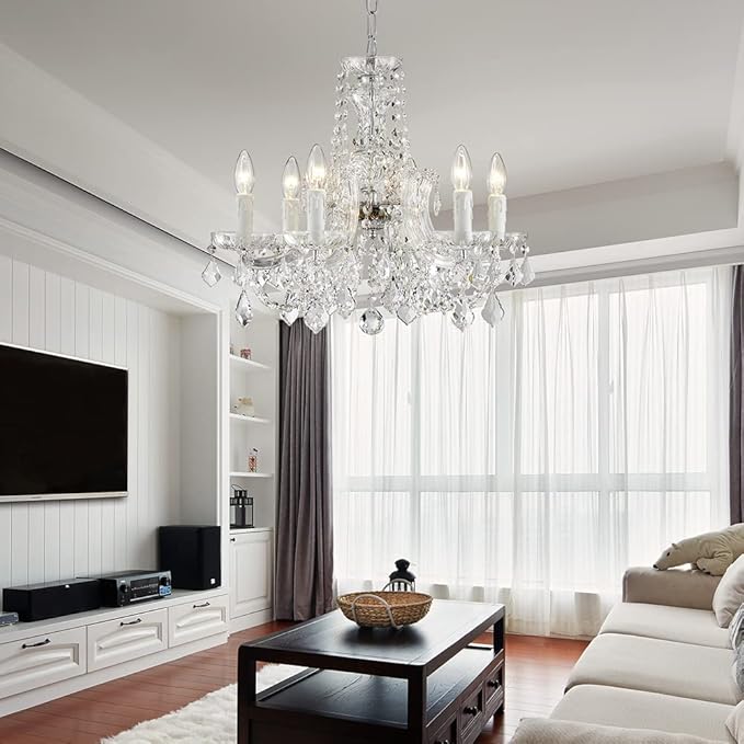 AGV LIGHTING Modern Chandelier Light Fixture, Crystal Pendant Raindrop Chandelier, Maria Theresa Silver Crystals Chandelier with 6-Lights, D20 X H18, Adjustable Chain Max 39"