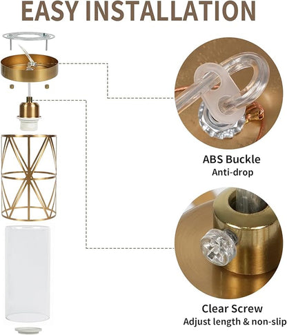 Brushed Gold Pendant Light, 7"×10" Dual-Shade Kitchen Island Lighting with Clear Glass Shade, E26 Adjustable Height 1"-61", UL Listed, for Dining Room Foyer Entryway — Bulbs Not Included