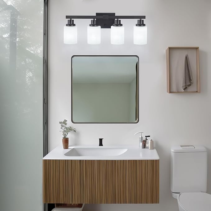 Bathroom Light Fixtures, 4-Light Matte Black Bathroom Vanity Lights with Milky White Glass Shade, Bathroom Lights Over Mirror Wall Lamp Sconces for Mirror Bedroom, Living Room Hallway