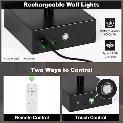 Battery Operated Wall Sconce, 5CCT Dimmable Black Wall Lights with Remote Control, Timable LED Wireless Wall Sconces, 350° Ratate for Bathroom, Living Room, Hallway 29.1 Inch 1 Pack